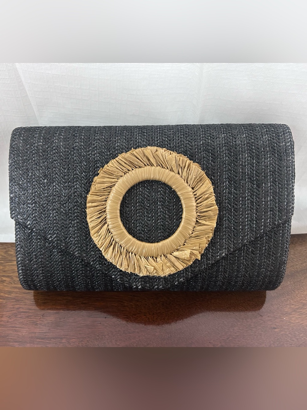 Black Woven Clutch with Tan Raffia Accent